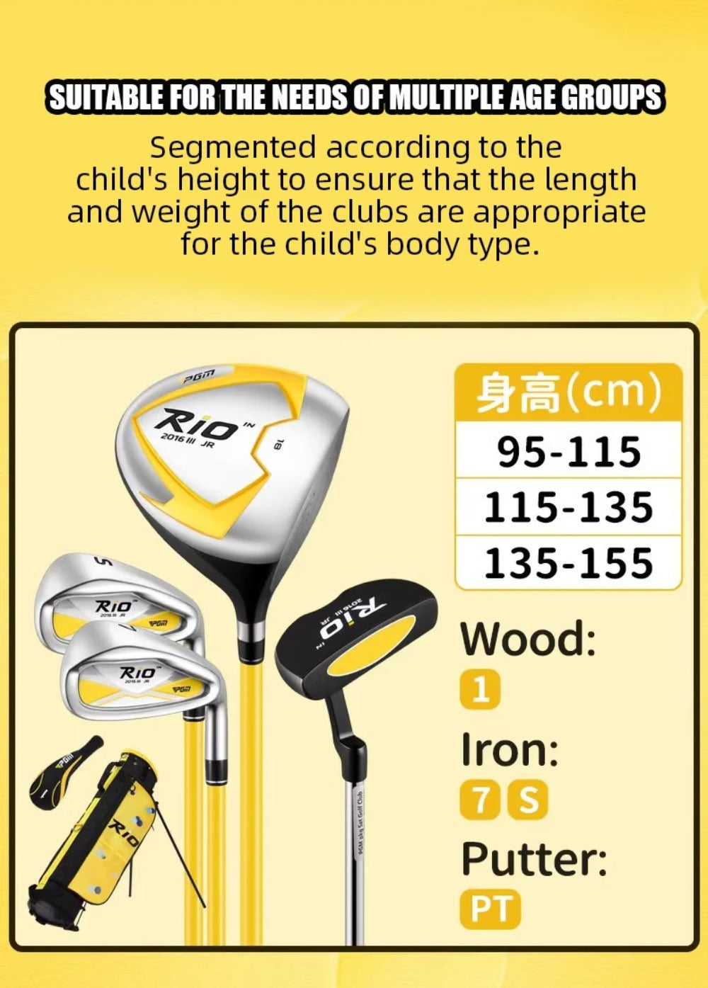 PGM Kids Golf Clubs Kit - Complete Golf Clubs Set with Hybrid & Utility Clubs, Wood, Irons, Putter, and Bag for Children 3-12year