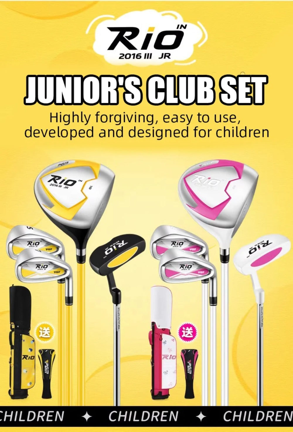 PGM Kids Golf Clubs Kit - Complete Golf Clubs Set with Hybrid & Utility Clubs, Wood, Irons, Putter, and Bag for Children 3-12year