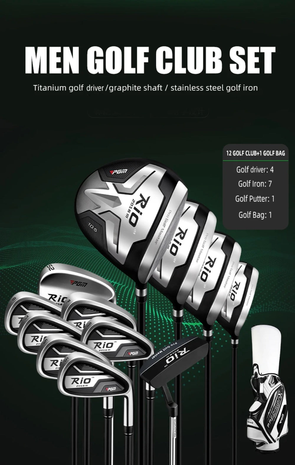 PGM Beginner Professional Golf Clubs Set Premium 460cc Black Golf Clubs