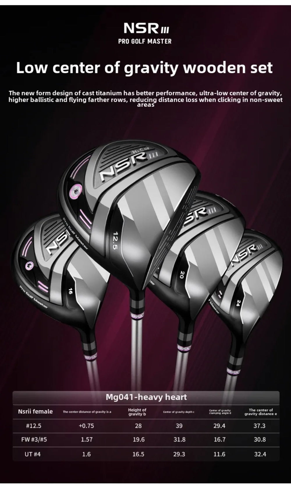 PGM NSR III Golf Clubs for Women Right Handed No.1/No.3/No.5 Hybrid Wooden Club Titanium Golf Driver Carbon Shaft High Rebound with Headcover
