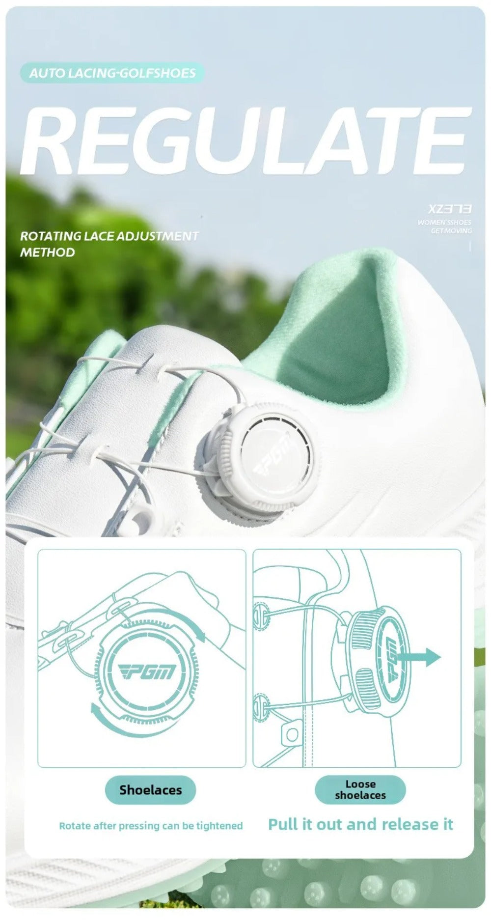 PGM Women Golf Shoes Summer Waterproof Anti Slip Comfortable Lightweight Nailless Shoes with Knob Laces Sports Sneakers